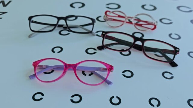 Different styles of glasses for kids displayed on a table at a shop during the day