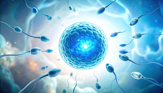 Sperm cells approaching a glowing blue egg cell, microscopic view