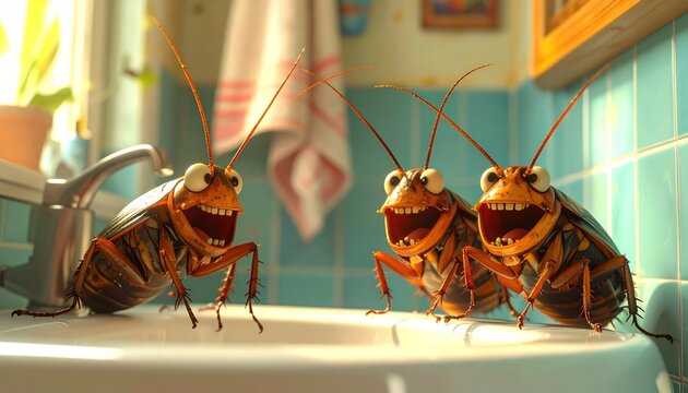 Three cartoon cockroaches with wide smiles in a bathroom sink