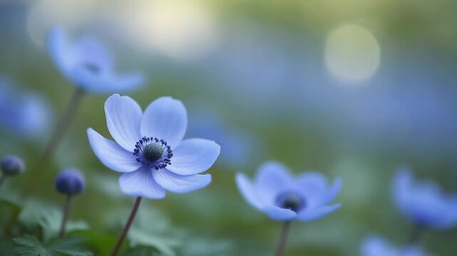 Soft Blue Anemone Flowers in Dreamy Morning Light Generative AI