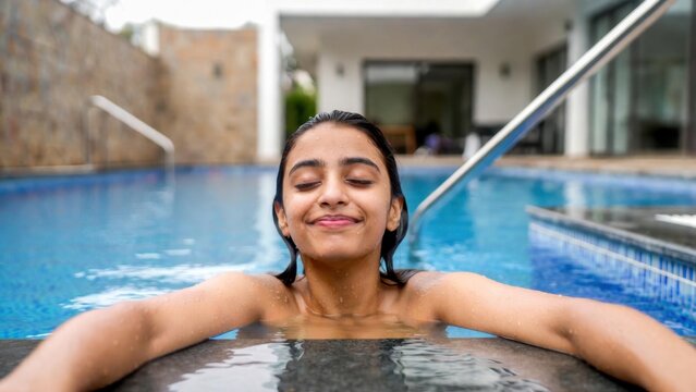 Young woman relaxes by poolside, eyes closed, serene. Her dark hair clings to skin, water glistens softly. Modern villa background, stone walls, glass doors. Bright daylight enhances tranquil