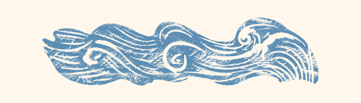 Linocut abstract blue ocean wave border; this rustic marine wave graphic element is perfect for aesthetic mediterranean design, organic coastal poster prints, and simple vintage stamp decor