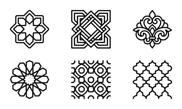 Islamic Geometric Patterns, Arabesque Ornaments, 6 Vector Icons, Decorative Flourishes, Traditional Motifs, Cultural Designs