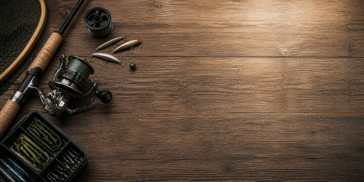 Fishing Tackle and Reel on Rustic Wooden Background