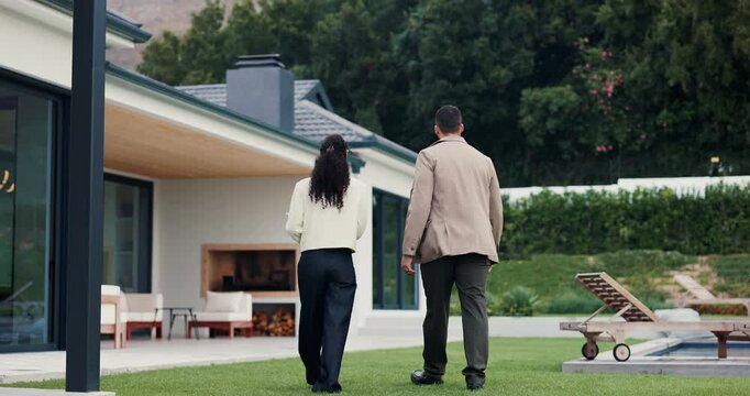 Woman, meeting and customer at house for viewing, property tour and real estate assistance. Realtor, talking and consultation with buyer, listing inspection and quality assurance of housing purchase