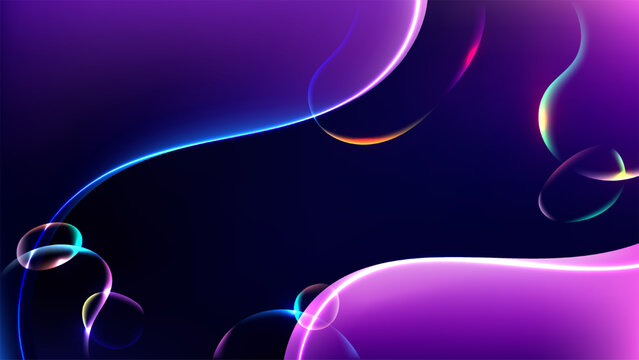 Abstract neon fluid background with glowing purple and blue curves on dark futuristic digital backdrop