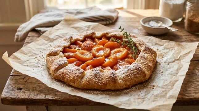 Homemade apricot galette dusted with powdered sugar on table