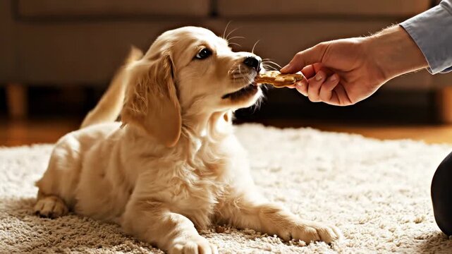 Delightful Golden Retriever puppy receives a tasty treat from a gentle human hand while resting comfortably on a textured floor covering in a warm, inviting living space, showcasing adorable