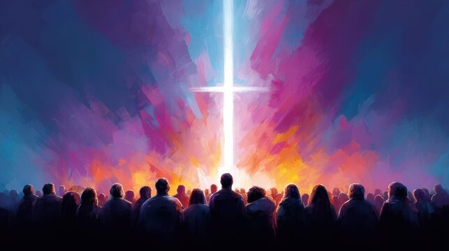 People gather in awe beneath a radiant cross illuminating the sky with vibrant colors