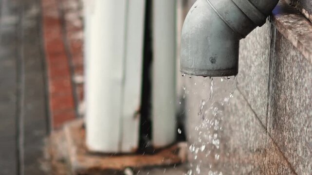 a metal drain pipe pouring out water against a concrete wall