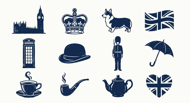 british icons set silhouette style on a light background