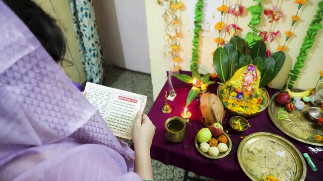 traditional indian festival celebration with prayer chanting and spiritual setup
