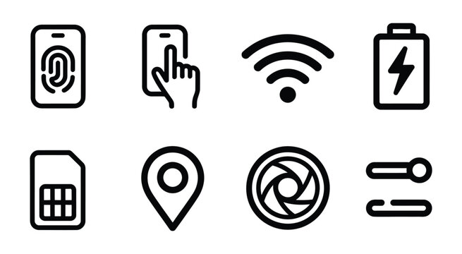Vector icon set for mobile interface, device interaction, and app development, modern rounded outline icons with thick stroke design elements for kits, software projects, and smartphone user 
