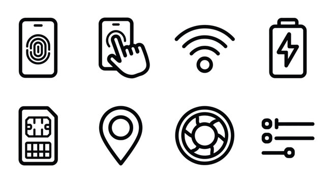 Vector icon set for mobile interface, device interaction, and app development, rounded outline and thick stroke style for app design, user manuals, and smartphone applications.