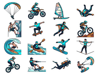 Fototapeta premium Extreme Sports and Adventure Activity Illustration Set Featuring Surfing, Rock Climbing, Skydiving, Mountain Biking, and Water Sports Icons
