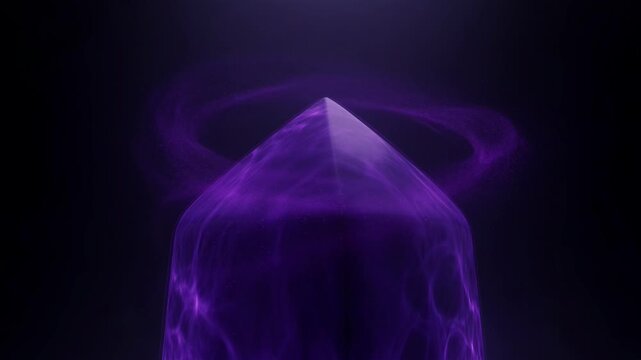 A striking, abstract image features a sharply defined, dark purple triangular form emerging from a shadowy background with subtle, ethereal light streaks.