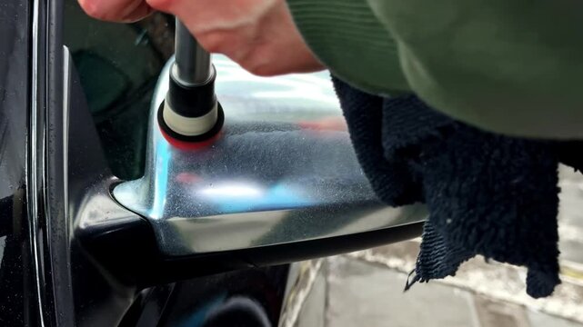 Close-up Of Hand Using Small Rotary Polisher On Dull, Silver Side-View Mirror.