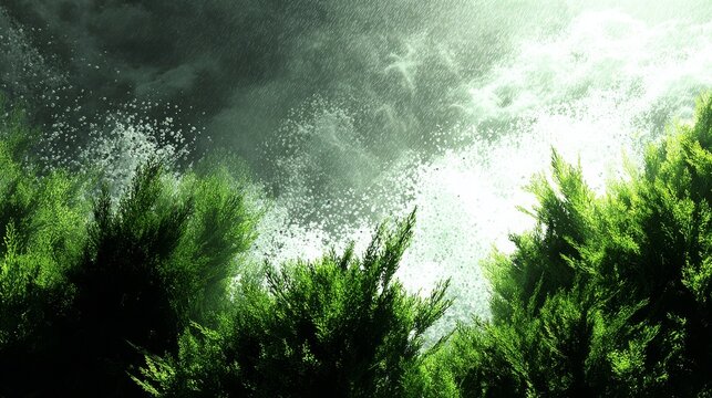 Lush green evergreen trees under a bright, misty sky