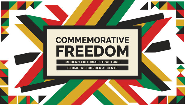Geometric border patterns frame a central commemorative freedom typographic block for a modern and structured editorial layout.