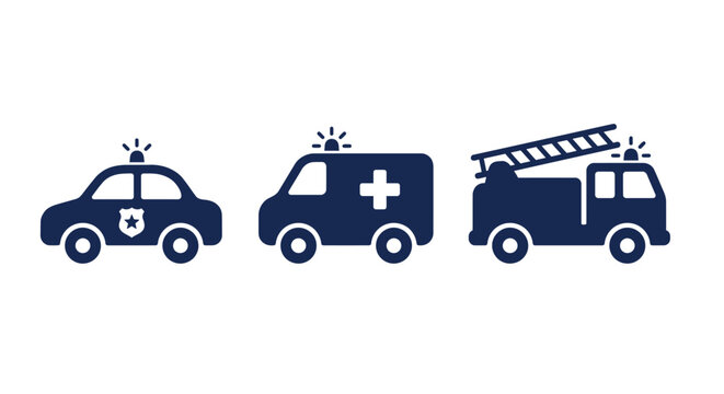 emergency vehicle icons set police car ambulance and fire truck