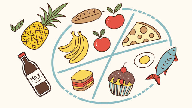 Healthy balanced diet represented by food groups arranged in circle, fruits vegetables grains protein dairy and sweets, simple doodle illustration, nutrition concept.