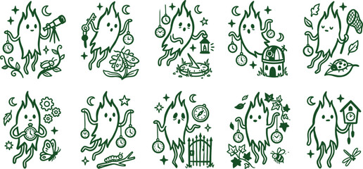 Floating Flame Ghost Doodle Icon Sheet Vector Illustration Haunted Garden Observatory Surreal Clock Limb Creatures Minimal Forest Green Sketch Design © ArtFlex