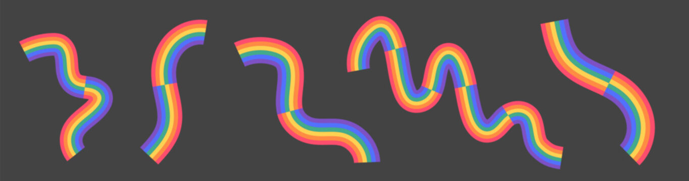 Retro Pride element set with isolated wavy rainbow ribbons on dark background. Groovy LGBTQIA vector curves, flexible 70s fluid stripes and organic flow shapes for design banners. 