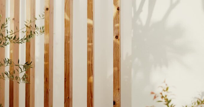 Wood, fence and architectural background with outdoor structure, building wall or eco friendly design. Backyard exterior, minimal and home, residential property and sustainable beams in garden