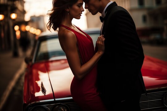 Elegant couple in formal attire sharing an intimate moment while leaning against a classic red vintage car during a romantic evening in a city street setting