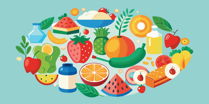 Vibrant collage of fresh fruits, vegetables, and healthy food items, presented in dynamic arrangement, promoting wellness and balanced eating, flat design illustration.
