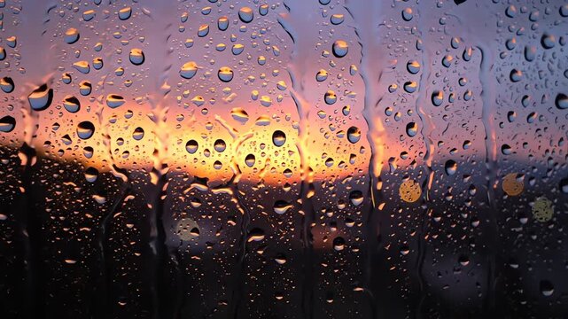 Streaming rain on window pane against golden twilight horizon