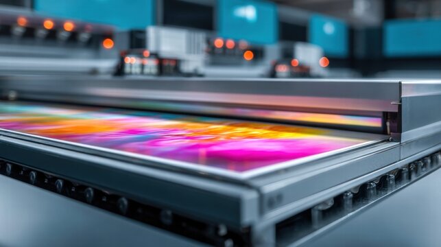 Close-up shot of a large format printer in operation, producing vibrant colors.