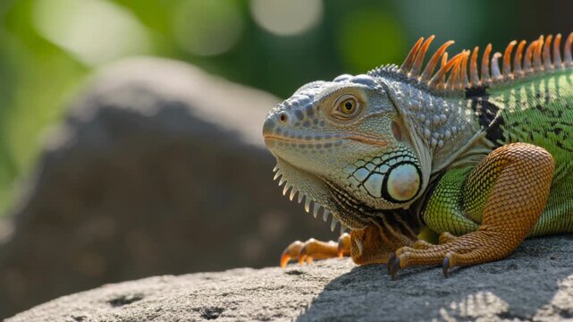 Striking macro profile of a vivid green iguana displaying distinct orange dorsal spines resting on textured stone, tailored for reptile documentaries.
