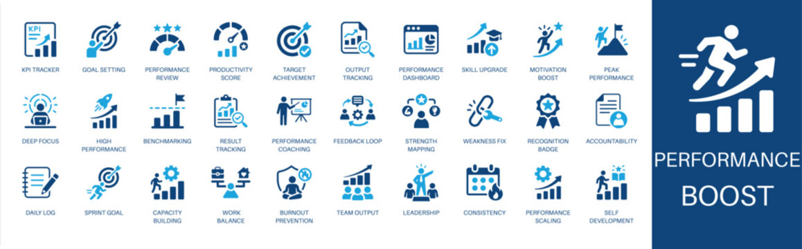 Performance boost and productivity icon set. Featuring KPI tracker, performance review, goal setting, benchmarking, and work balance. Vector icons for evaluations, workshops, and productivity apps.