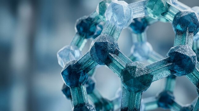Abstract close-up of a molecular structure with hexagonal and pentagonal formations in blue and teal tones, representing science and technology
