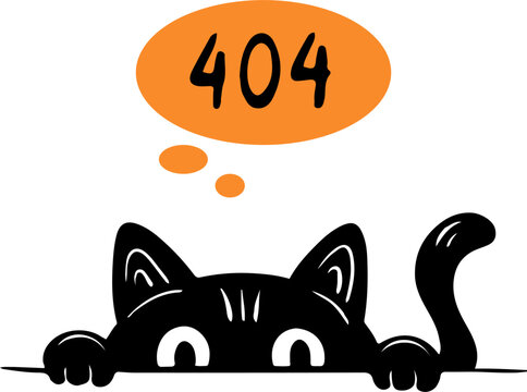 Black cat 404 error page cute cartoon character for website design interface. Vector illustration