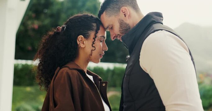 Love, affection and couple in park for bonding, support and commitment on weekend. Nature, morning and man with woman for connection, relationship and anniversary for romance or embrace together