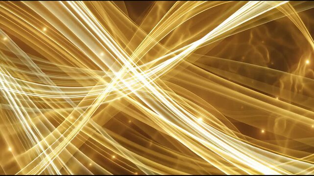An abstract golden background with intersecting light waves and a soft glow on a dark brown background.