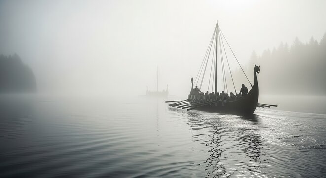 Viking Longship with Warriors Rowing Through Thick Morning Mist on a Calm Lake