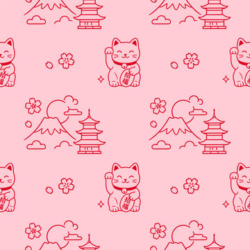 Cute pink Japanese seamless pattern with kawaii icons and sakura flowers. Great for stationery, textiles and nursery decor.