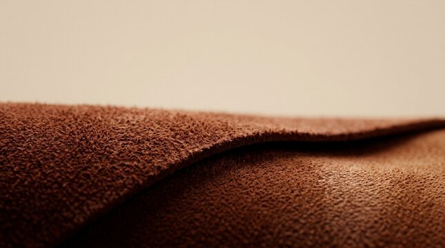 Close-up of soft brown suede texture, showing the natural grain and fibers, with a blurred beige background