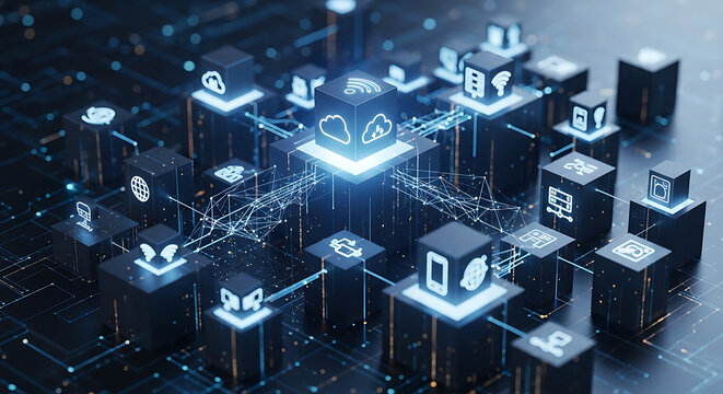 A futuristic digital landscape showcases various glowing icons on cubes.