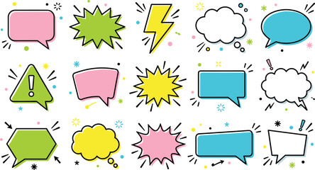 PrintColorful Comic Speech Bubbles and Pop Art Chat Cloud Icon Set with Explosion Lightning and Warning Elements for Vector Graphic Design Projects © FZ