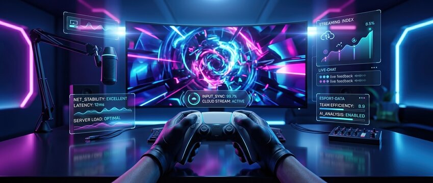 Gamer holding controller in neon lit room with futuristic screen displaying data and colorful vortex