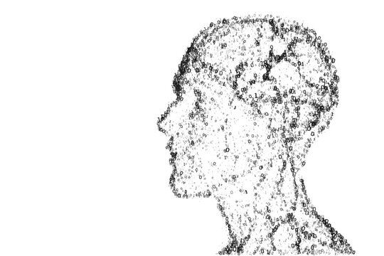 abstract vector human head profile silhouette formed by black binary code particles on transparent background for artificial intelligence technology digital brain and machine learning concept