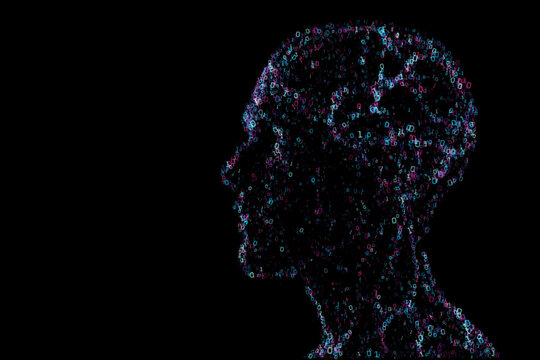 abstract vector human head profile silhouette formed by binary code particles on black background for artificial intelligence technology digital brain and machine learning concept