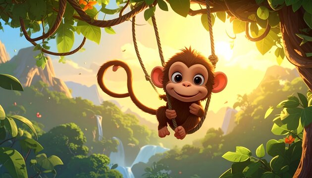 A cartoon monkey swinging in jungle.