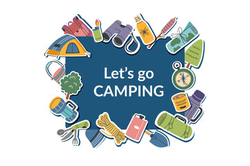Naklejka premium Camping banner with travel objects and copy space3. The concept of travel, camping, hiking and outdoor recreation. Vector flat template.