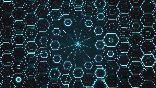Futuristic Glowing Cyan Hexagon Grid Network Pulse Seamless Loop 4K Motion Graphic Dark Background