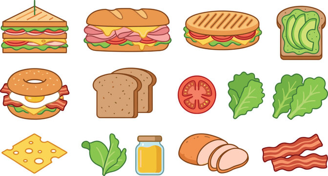 Delicious Sandwich and Breakfast Vector Icon Set Featuring Panini Sub Baguette Avocado Toast Club Sandwich Bagel Ingredients Cheese Bacon Tomato Lettuce